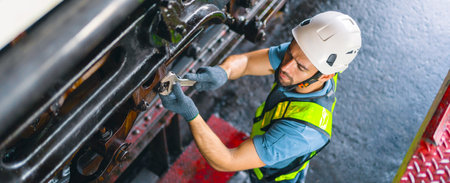 worker man checking and using wrench for maintenance metal machine at factoryの写真素材