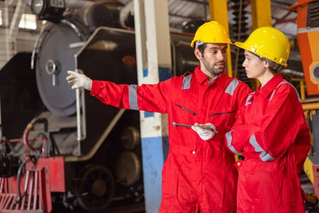 Engineer with worker talking together at factoryの写真素材