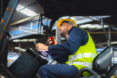 Forklift driver talking on radio for professional cargo shipping communicationの写真素材