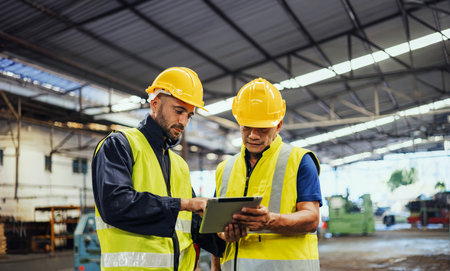 Engineer and worker at factory site check up machine products in site. Foreman and Technician checking Machine on Plantの写真素材
