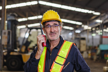 engineer use walkie talkie at machine factoryの写真素材