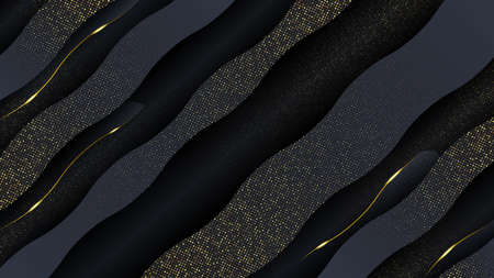 Abstract 3d background with black paper layers. Vector geometric illustration of carbon sliced shapes textured with golden glittering dots. Graphic design element. Elegant decorationのイラスト素材