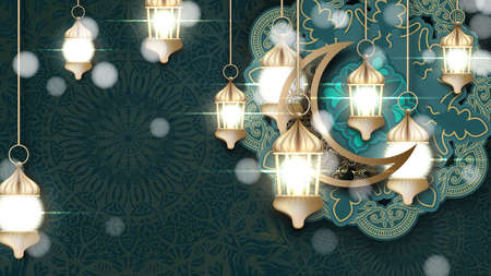 Luxury and Elegant Islamic Background With Lantern Ornament / Eid Mubarak and Ramadan kareem islamic greeting design with arabic calligraphy and glow lantern illustrationの写真素材
