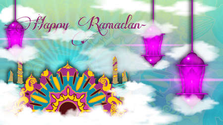Luxury and Elegant Islamic Background With Lantern Ornament / Eid Mubarak and Ramadan kareem islamic greeting design with arabic calligraphy and glow lantern illustrationの写真素材