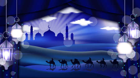 Exquisite Eid and Ramadan  calligraphy design with brown arabesque decorations in mosque shape on colorful backgroundのイラスト素材