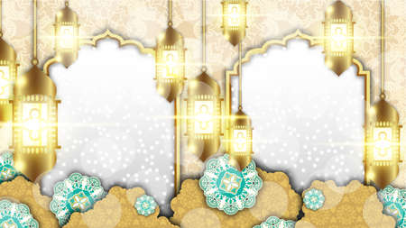 Luxury and Elegant Islamic Background With Lantern Ornament / Eid Mubarak and Ramadan kareem islamic greeting design with arabic calligraphy and glow lantern illustrationの写真素材