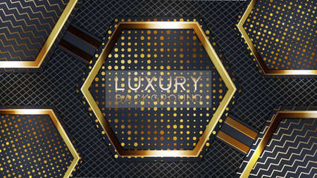 Abstract 3d background with black paper layers. Vector geometric illustration of carbon sliced shapes textured with golden glittering dots. Graphic design element. Elegant decorationのイラスト素材