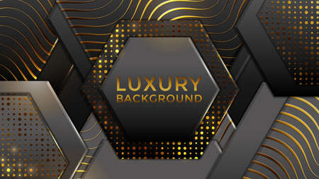Abstract 3d background with black paper layers. Vector geometric illustration of carbon sliced shapes textured with golden glittering dots. Graphic design element. Elegant decorationのイラスト素材