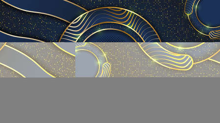 Abstract 3d background with black paper layers. Vector geometric illustration of carbon sliced shapes textured with golden glittering dots. Graphic design element. Elegant decorationのイラスト素材
