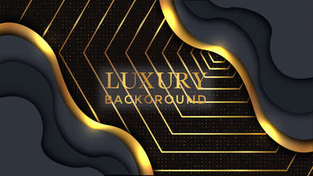 Abstract 3d background with black paper layers. Vector geometric illustration of carbon sliced shapes textured with golden glittering dots. Graphic design element. Elegant decorationのイラスト素材