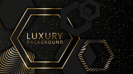 Abstract 3d background with black paper layers. Vector geometric illustration of carbon sliced shapes textured with golden glittering dots. Graphic design element. Elegant decorationのイラスト素材
