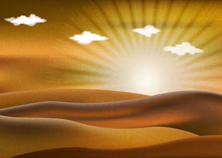 Realistic desert landscape with sunset. Beautiful view on realistic sand dunes with sunset. 3d vector illustration of sandy desert.のイラスト素材