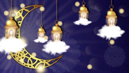 Eid Mubarak and Ramadan Kareem Islamic vector design greeting card with beautiful illuminated arabic lamp and gold ornament designsのイラスト素材