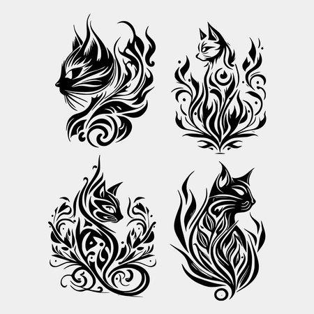 Flaming cat on White Background. Tribal Stencil Tattoo Design Concept. Flat Vector Illustration.のイラスト素材