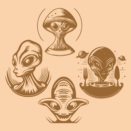Aliens head face vector objects and design elements sketch style isolated on brown backgroundのイラスト素材