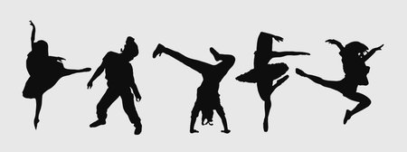 A set of men and women street dance hip hop dancers in silhouetteのイラスト素材
