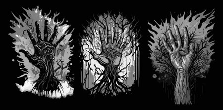 Vector hand drawn illustration of hand. Psychedelic hand. Template for card, poster, banner, print for t-shirt.のイラスト素材