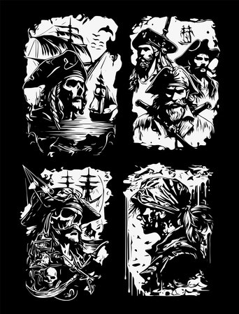 Psychedelic Pirate skull sketch. On black background.のイラスト素材