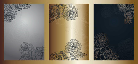 Floral background. Hand drawn vector botanical illustration. Template greeting card, wedding invitation banner with spring flowers. Sketch linear rose blossom.Engraved style ilのイラスト素材