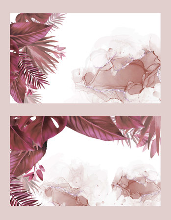 <p>wedding invitation card template design with tropical leaves decoration. Watercolor Alcohol Ink&nbsp;</p>のイラスト素材