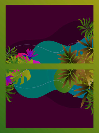 neon light, trendy background with tropical vector plant and leaf. Gradient Leaves Backgroundのイラスト素材