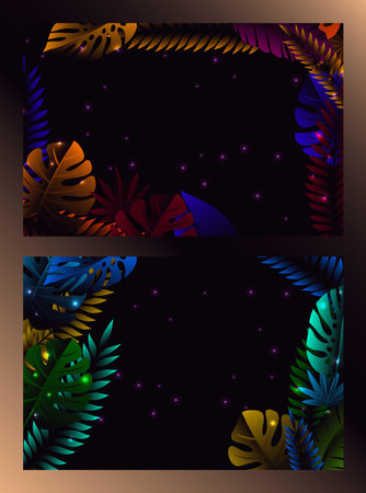 neon light, trendy background with tropical vector plant and leaf. Gradient Leaves Backgroundのイラスト素材