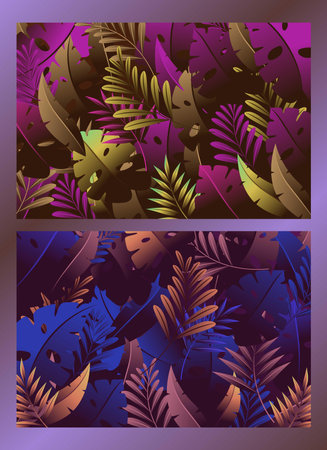 neon light, trendy background with tropical vector plant and leaf. Gradient Leaves Backgroundのイラスト素材