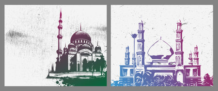 Detailed Sketch Illustration of Mosque Tower in Purple Color for Ramadan Kareem with Grunge Background and Arabic text for Every Year. Vector Illustrationのイラスト素材