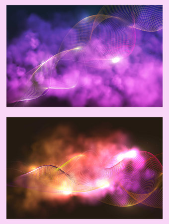 Realistic multi-colored smoke on a black background. Colored smoke bombs. isolated fog or smoke, transparent special effect. Bright magic cloud, fog or smog with glowing linesのイラスト素材