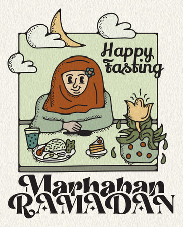 Suhoor and Iftar Party with Family During Ramadan Month Vector Illustration, Happy Fasting For Moslem, Eat Together With Moslem Family, Ramadhan kareem and Eid Mubarakのイラスト素材