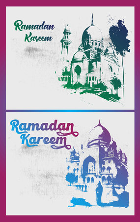 Detailed Sketch Illustration of Mosque Tower in Purple Color for Ramadan Kareem with Grunge Background and Arabic text for Every Year. Vector Illustrationのイラスト素材