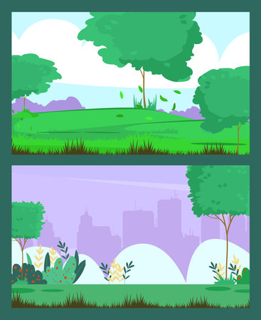 Green park with grass and trees. Nature landscape.のイラスト素材