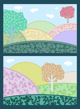 Vector illustration of beautiful summer fields landscape with a dawn, colorful hills, bright color blue sky, country background in flat cartoon style banner.のイラスト素材