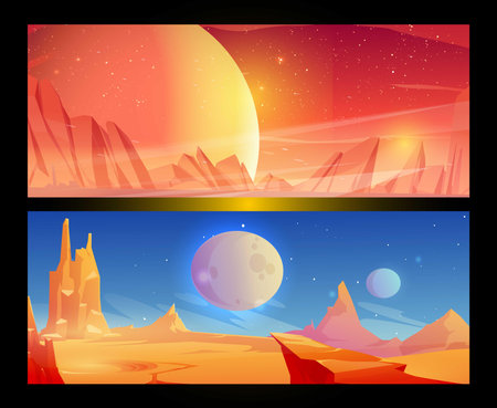 Planet surface, futuristic landscape background with glowing moon or satellite above rock cliff in dark starry sky. Fantasy mountains, book or computer game scene, Cartoon veのイラスト素材