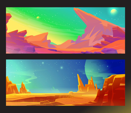 Planet surface, futuristic landscape background with glowing moon or satellite above rock cliff in dark starry sky. Fantasy mountains, book or computer game scene, Cartoon veのイラスト素材