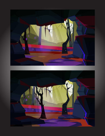 Entrance to cave in mountain with scenery landscape view of green grass, river, rocks and blue sky. Grotto, hidden underground tunnel or cavern, summer nature background. Cartoon vのイラスト素材