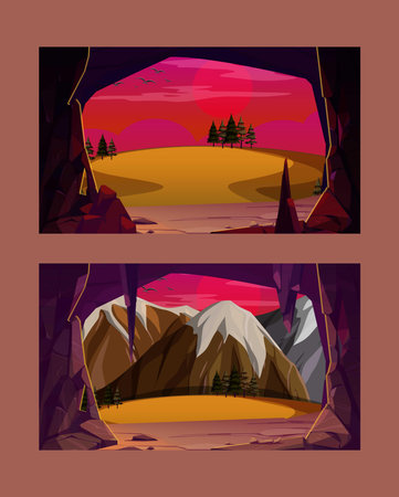 Entrance to cave in mountain with scenery landscape view of green grass, river, rocks and blue sky. Grotto, hidden underground tunnel or cavern, summer nature background. Cartoon vのイラスト素材