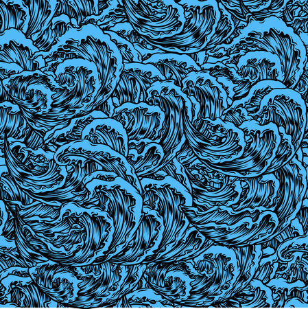 Ocean waves seamless pattern. Sea wave blue background, wind storm surf water hand drawn vector illustrationのイラスト素材