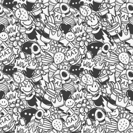 Seamless Hand drawn doodle design elements, black on white background. Swishes, swoops, emphasis, Arrow, crown, brush stroke. doodle sketch design elementsのイラスト素材
