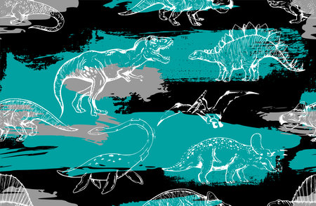 Seamless Dino pattern, print for T-shirts, textiles, wrapping paper, web. Original design with t-rex,dinosaur. grunge design for boys .のイラスト素材