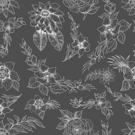 Seamless Set of luxury flowers and trendy botanical elements. Hand drawn line leaves branches and blooming. Wedding elegant wildflowers for invitation save the date card.のイラスト素材