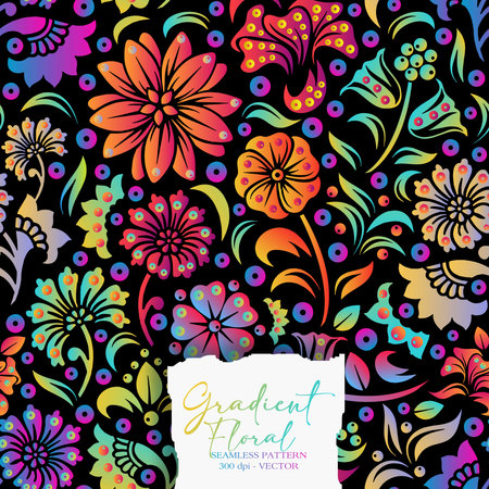 seamless pattern with colorful flowers on black background. Vector Illustration of Floralのイラスト素材