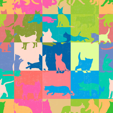 Seamless colourful cat in square wallpaper backgroundのイラスト素材