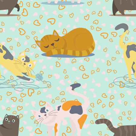 Seamless Pattern Playful Cat with Cartoon Styleのイラスト素材