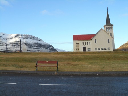 Church of Grundarfjordur Town and the Famous Mount Kirkjufell, Icelandの写真素材