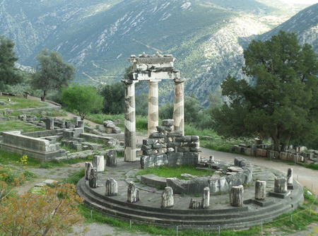 Stunning View of the Sanctuary of Athena Pronaia on the Mountainside, Delphi, Greeceの写真素材