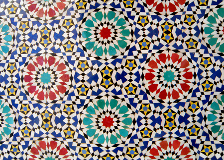 Moroccan Style Circle Pattern Brightly & Colorful Tiled Wall in Fez, Morocco, Background, Patternの写真素材