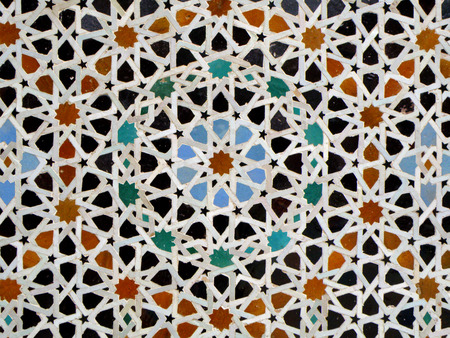 Moroccan Style Star Pattern Blue Orange Black Color Tiled Wall in Fez, Morocco, Background, Patternの写真素材