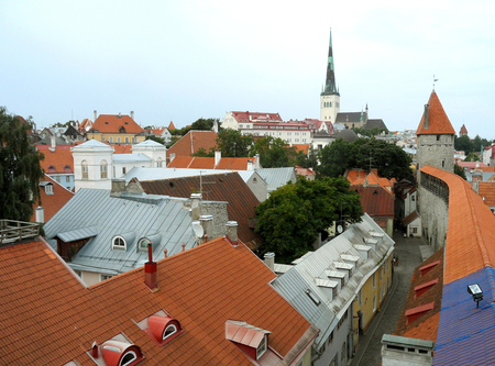 Rooftop View of Tallinn and the Famous St. Olaf's Church, Estoniaの写真素材