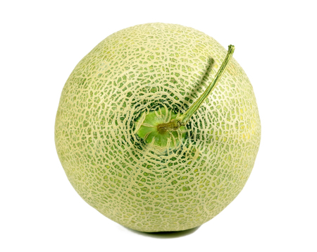 Close-up of green muskmelon with stem isolated on white backgroundの写真素材